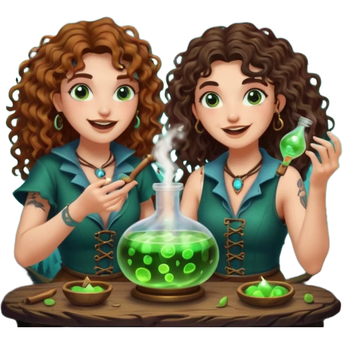 forest alchemist duo two women curly long hair tattooed and short brown mullet mixing glowing moon potion together excited faces emoji