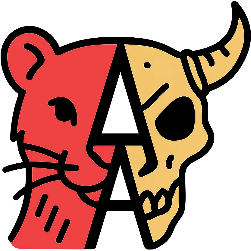 a red icon with minimal overall elements but high-detail line art, showing left half of stoat face with intricate fur lines and right half of minotaur skull with detailed bone texture and broken horn, letter A formed by negative space in the middle, plenty of empty space but the lines that exist are precise and detailed emoji