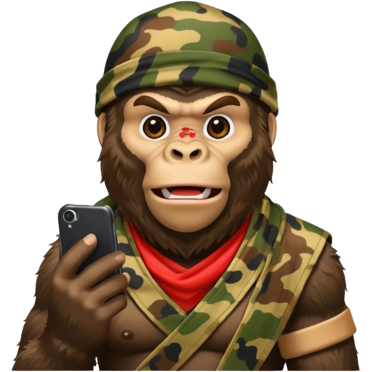 King Kong with a cell phone emojie wearing a camouflage bandana emoji