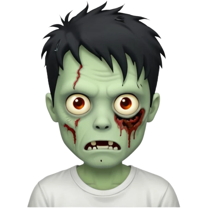 Rosto de frente classico de zombie boca meio torta cabelos medios pretos bagunçados low fade com pele verde clara camiseta branca emoji