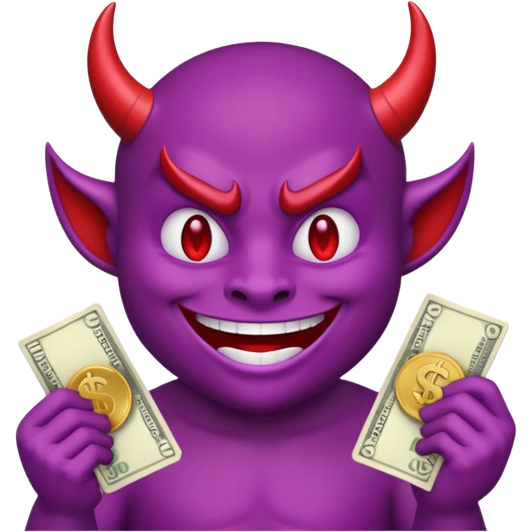 purple devil emoji with money. fun and light hearted, dont make the devil look evil emoji
