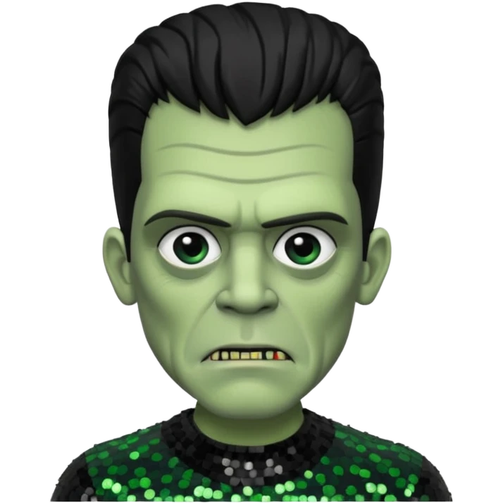 Frankenstein from Universal Monsters with grey green skin, jet black hair, black sequin outfit  emoji