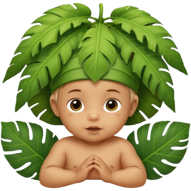 a baby with jungle wearing a large leaf headgear bye  emoji