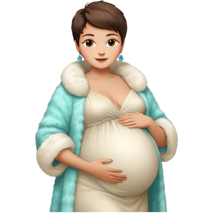pregnant stylish woman with short pixie brunette hair happily touching her big belly while wearing white gown and fancy fur coat and colorful shades emoji