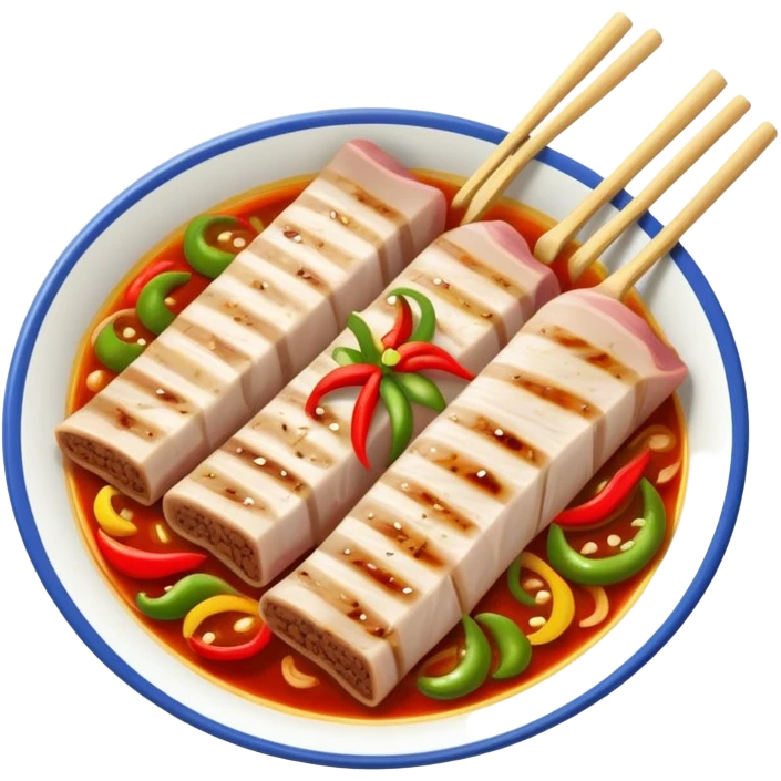 Twice Cooked Pork slices with leek and peppers, simplified emoji style with bold outlines and bright colors, cartoon style Hui Guo Rou Sichuan specialty emoji