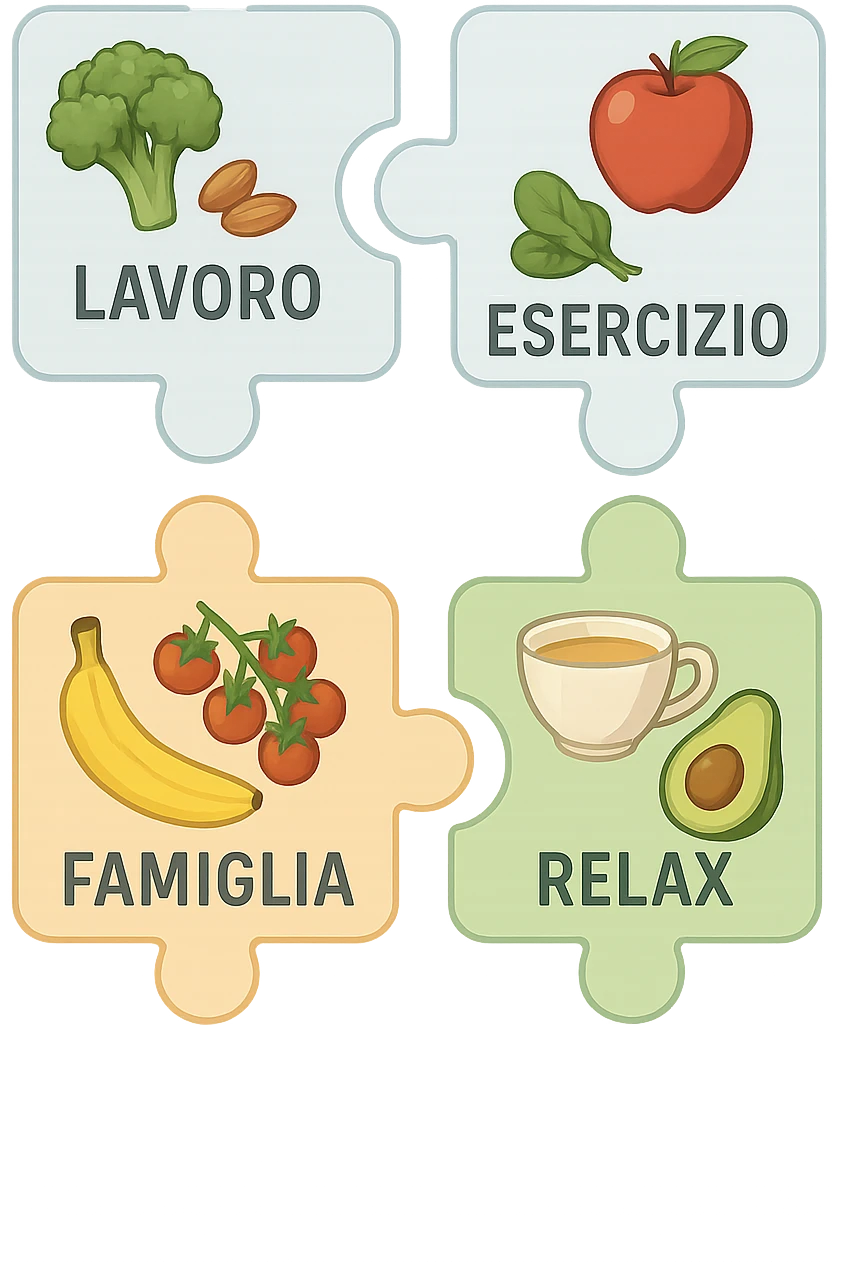 Puzzle (Lavoro, Esercizio, Famiglia, Relax), and healthy foods are integrated into each piece. in italiano emoji