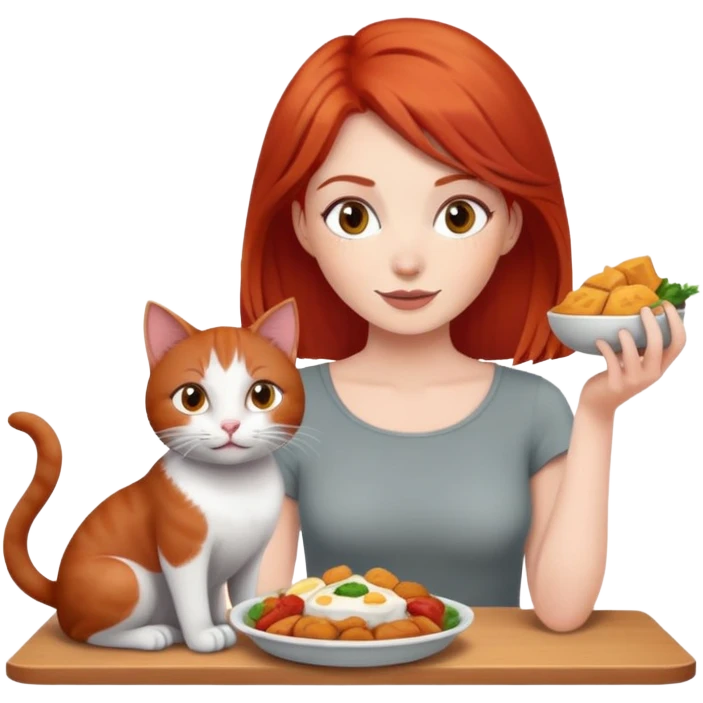 Red haired Woman sharing food with 1 grey cat emoji