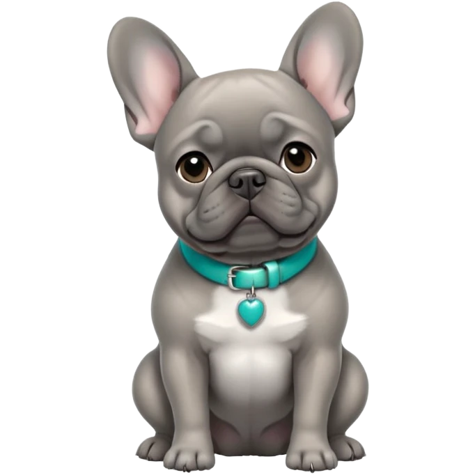 Grey French bulldog with turquoise collar sitting facing forward emoji