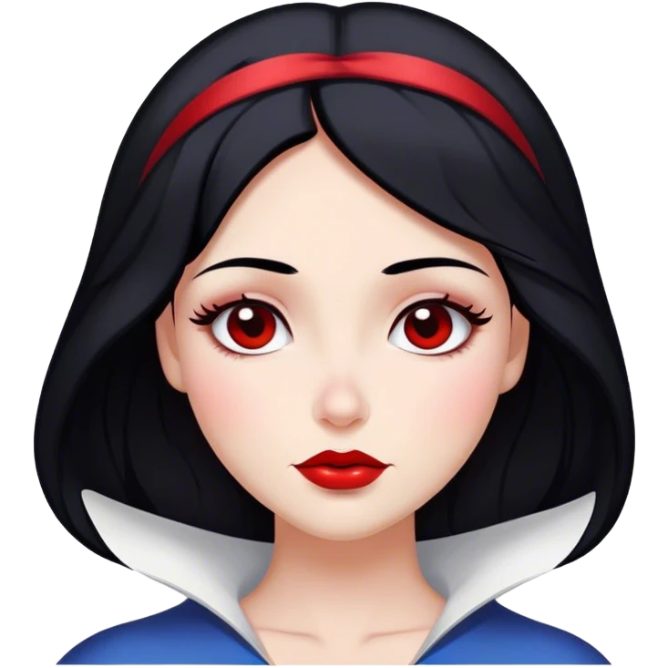 Cinematic Majestic Snow White Portrait Emoji, rendered in a clean, vector-style with bold, simplified shapes. Show Snow White with a serene, noble expression, radiant porcelain skin, and elegantly styled raven hair accented with subtle red highlights, her attire simple yet refined. The design radiates a majestic, pure glow with high shine and a soft glowing outline, embodying classic royal beauty. emoji