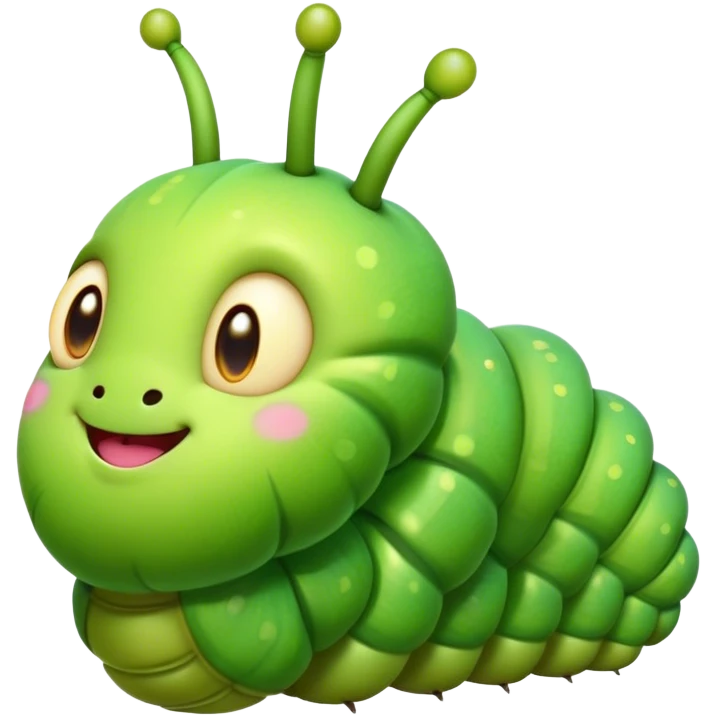Cinematic Realistic Cute Caterpillar Portrait Emoji, Head tilted playfully and inquisitively, featuring a compact, segmented body in bright, vibrant green with delicate, inviting textures and a charming, rounded face with sparkling eyes full of curiosity, rendered with lifelike detail and natural highlights, high shine, affectionate and spirited, styled with a touch of garden whimsy, soft glowing outline, capturing the essence of a mischievous yet lovable caterpillar that seems poised to crawl cheerfully into your arms! emoji