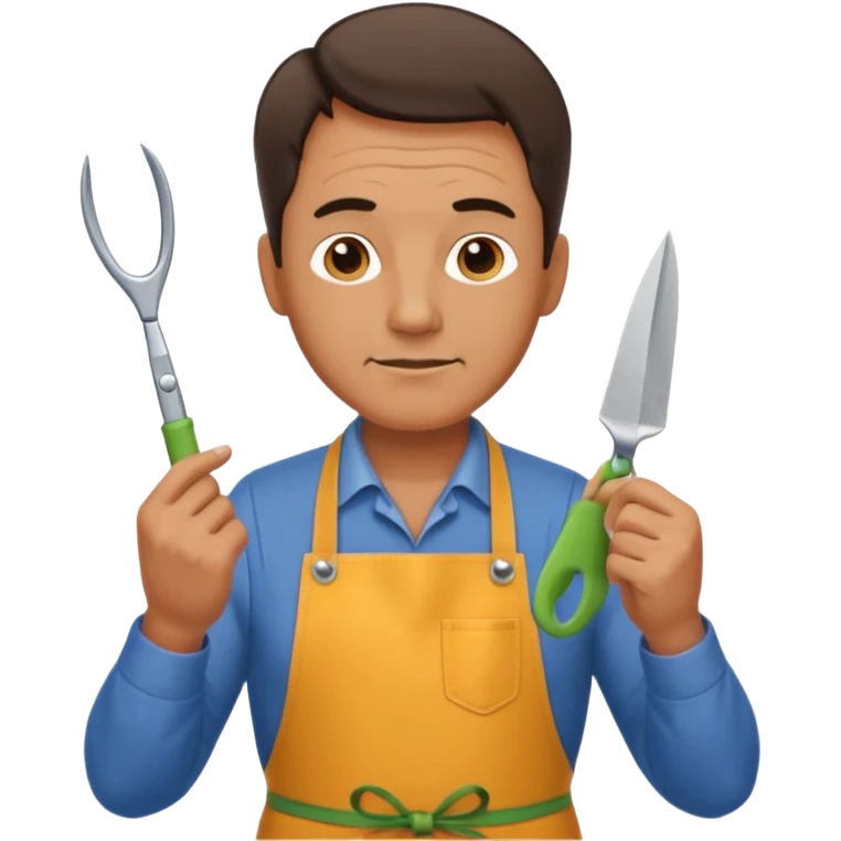 Middle-aged male florist – apron on, trimming stems with scissors emoji