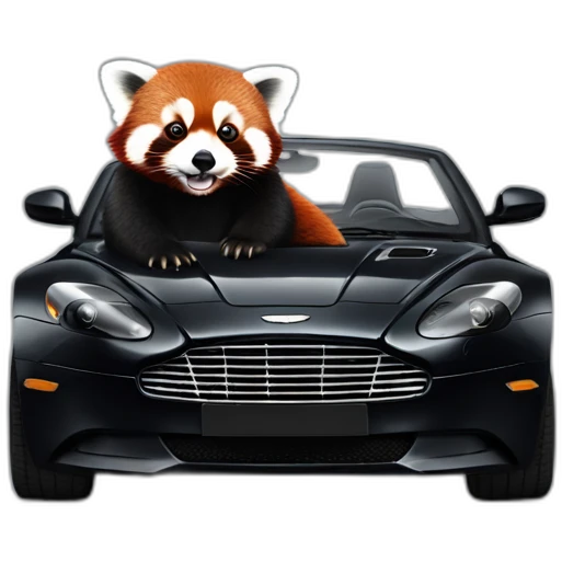 Red panda sitting in driver’s seat of a black Aston Martin emoji