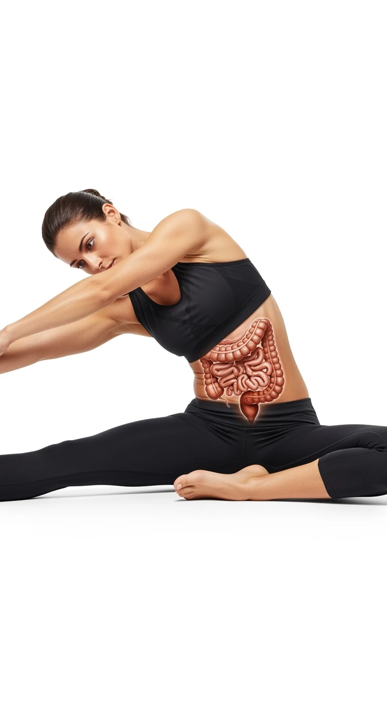 donna che fa stretching con intestino umano anatomico in evidenza, realistica 4k sfondo bianco emoji