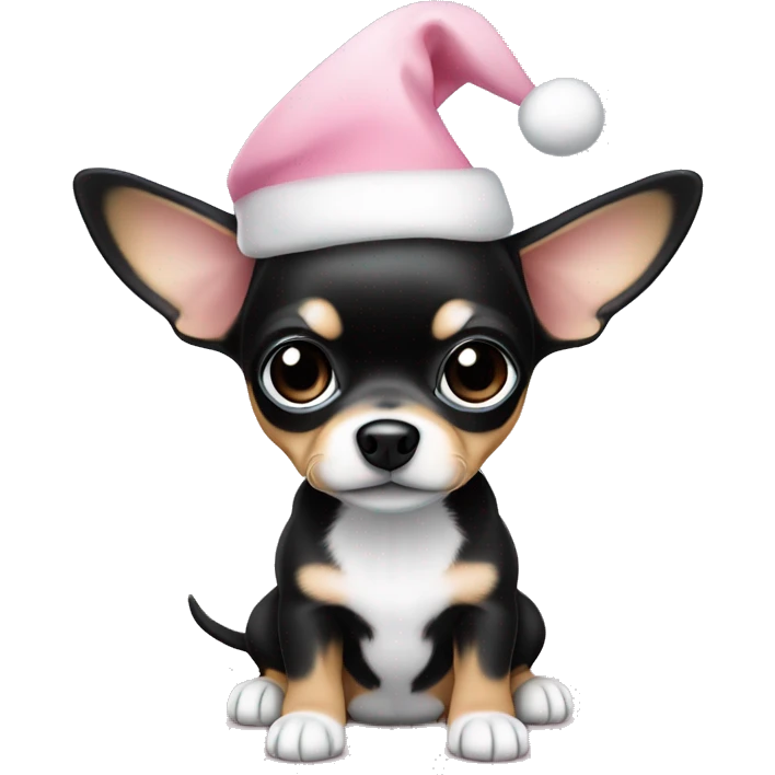 black & tan chihuahua puppy full body light blue eyes pink christmas hat on emoji