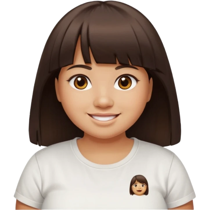 27 year old woman with tan skin, long dark brown hair with blunt cut bangs, chubby face, brown eyes, smiling without teeth showing, white tee shirt emoji
