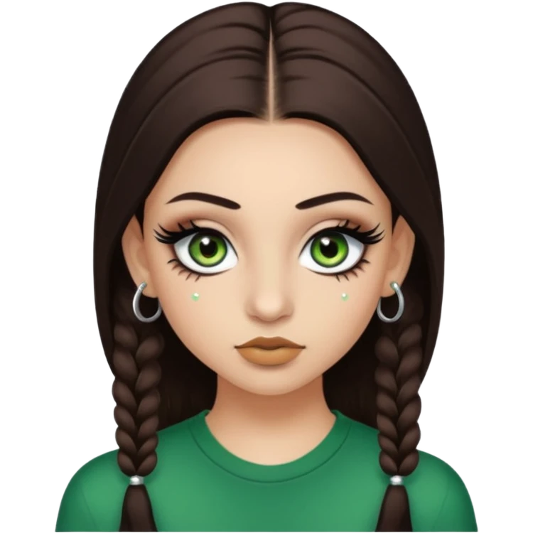 Y2k style Girl with: long, straight dark brown hair, green/ hazel eyes, nostril and septum piercing, fake eyelashes and eyeliner emoji