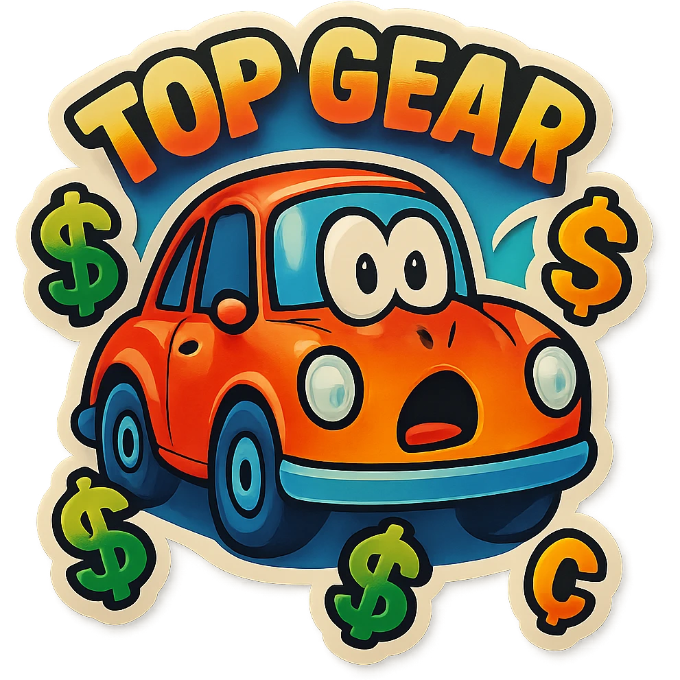 Top Gear sticker with a surprised expression and money symbols, vibrant and dynamic emoji