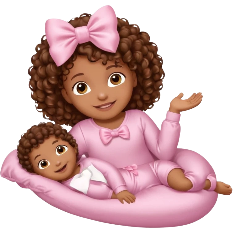 Brown skin baby with brown curly hair down laying down with satin baby pink onesie and white bow emoji