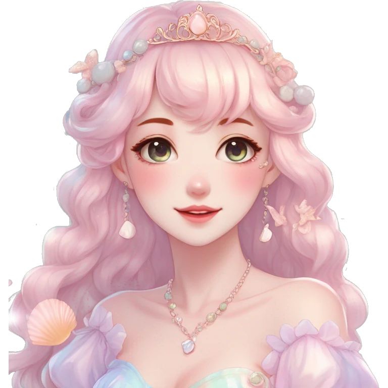 Gorgeous pastel anime style lady with blushing face and seashell-tiara dress necklace cottagecore fairycore pastelcore colorful pearly romantic simplistic aesthetic trending style emoji