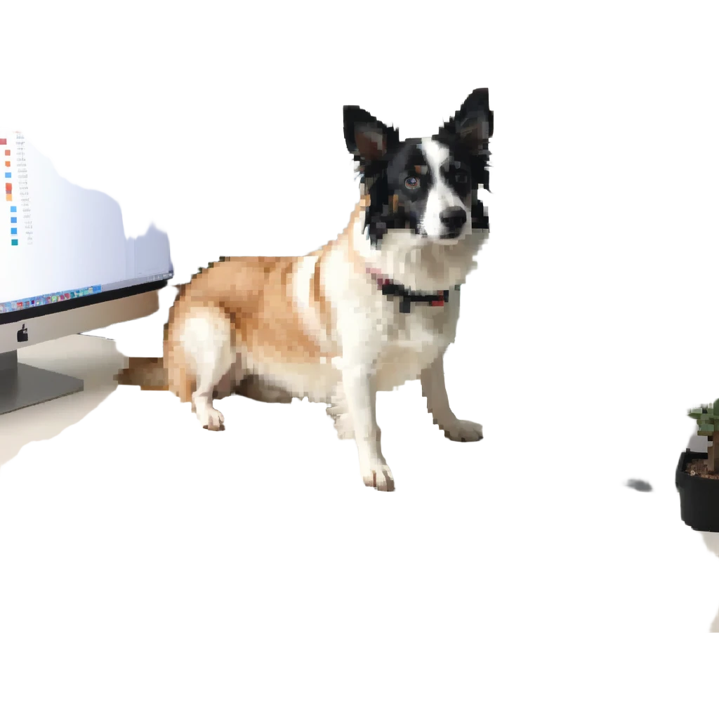 light dog graphic designer at a computer, creative workspace emoji
