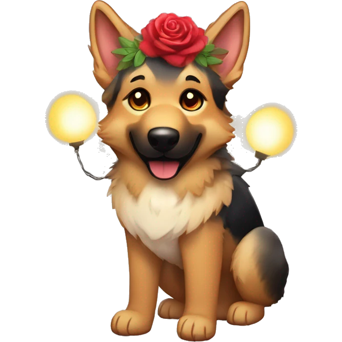 Brindled German shepherd fox carrying glowing red lantern, fairy lights, rose flower crown emoji