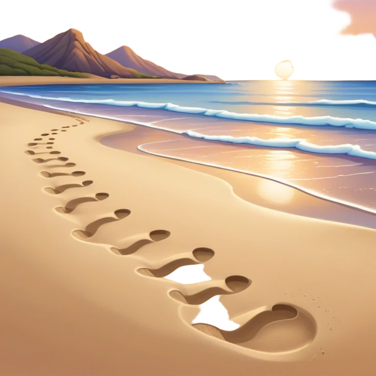 A quiet beach at sunset. **Baby footsteps trail behind larger ones**,  emoji