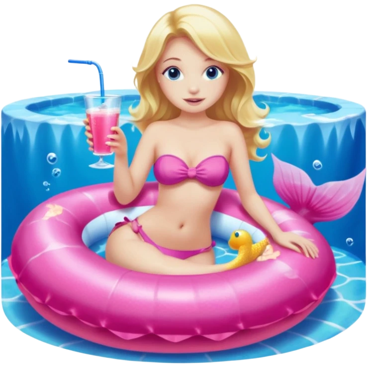  woman with blonde hair and blue eyes sitting in a pink pool tube in a blue pool sipping a drink wearing a pink bikini top and a pink mermaid tail  emoji