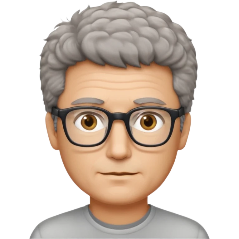 man 50 very short salt and pepper fluffy hair, brown eyes, rectangle glasses  emoji