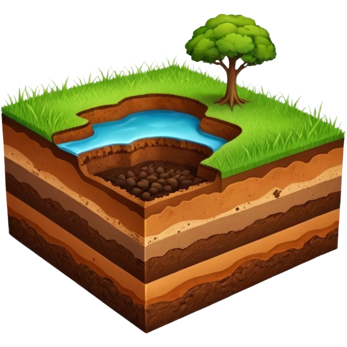 A 3D cartoon cross-section of soil layers with green grass on top, visible brown earth textures, clean white background, smooth and detailed Memoji-style. emoji