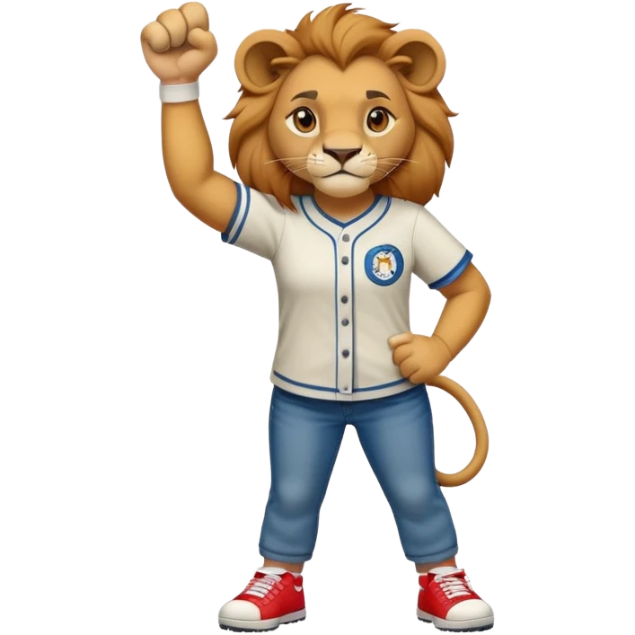 friendly anthropomorphised female lion wearing a baseball shirt, jeans, trainers, standing upright with one fist raised, looking determined and confident emoji