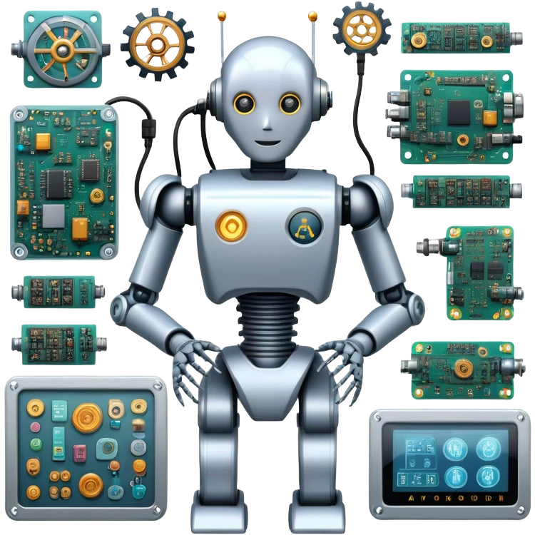 An icon featuring a humanoid robot assembling parts with robotic arms, surrounded by gears, circuit boards, and sensors, symbolizing robotics. The design includes a control panel and AI interface, representing automation, engineering, and innovation. Transparent background. emoji
