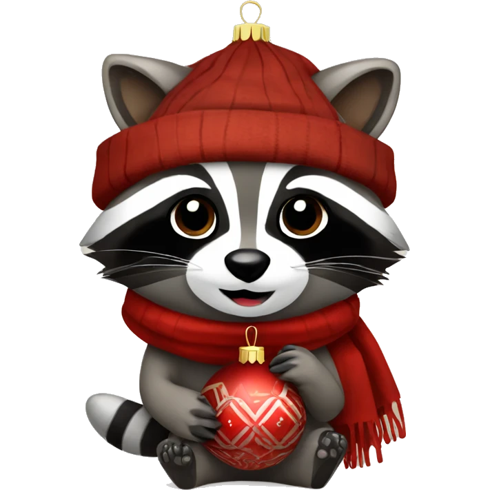 Raccoon with a brown scarf on holding a red ornament  emoji