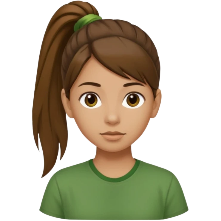 Make a zumba coach emoji, brown eyes, brown hair girl, green shirt with the "the roots" on it, longer pony tail hair emoji