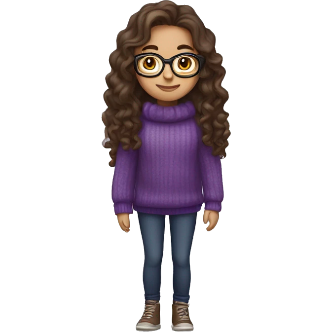 young girl, young hispanic, long brown hair, long curly brown hair, brown eyes, purple winter sweater, glasses, full body emoji