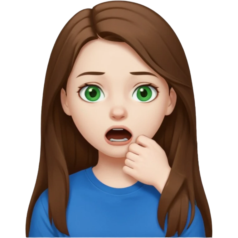 Cute girl with pale skin, long brown hair, dark green eyes and blue t shirt who is chocked emoji