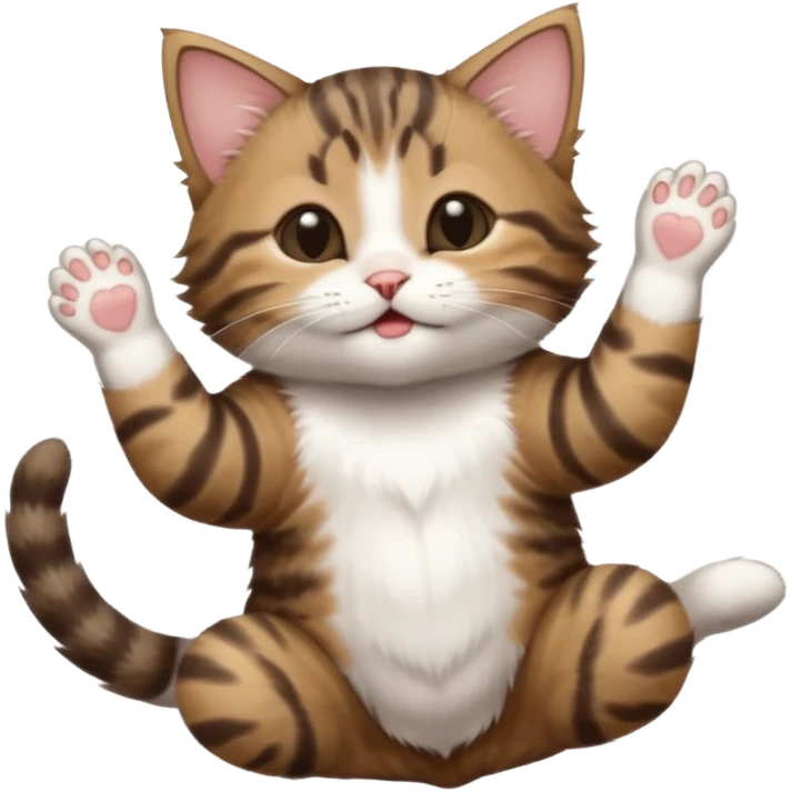 dark brown tabby and white kitten with his eyes closed whilst in funny positions stretched out and  upside down emoji