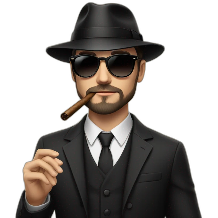 young white male adult with dark hair and beard, black fedora hat, black ray ban sunglasses, three pieces dark costume and tie smoking a cigar emoji