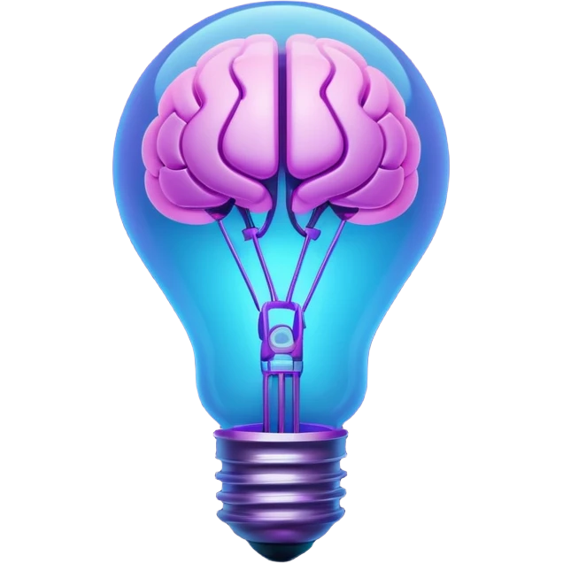 A stylized 3D emoji icon of a futuristic lightbulb. The filament inside is a glowing digital brain structure. The colors are a gradient of electric blue and purple neon light, with glowing edges. Minimalist, digital art aesthetic, emoji