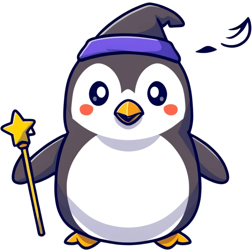 penguin wizard with big eyes and magic wand emoji