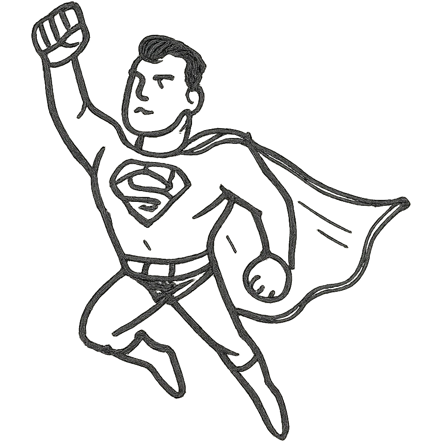 Superman simple lines, cape flowing, classic superhero pose, hand-drawn black outline style emoji