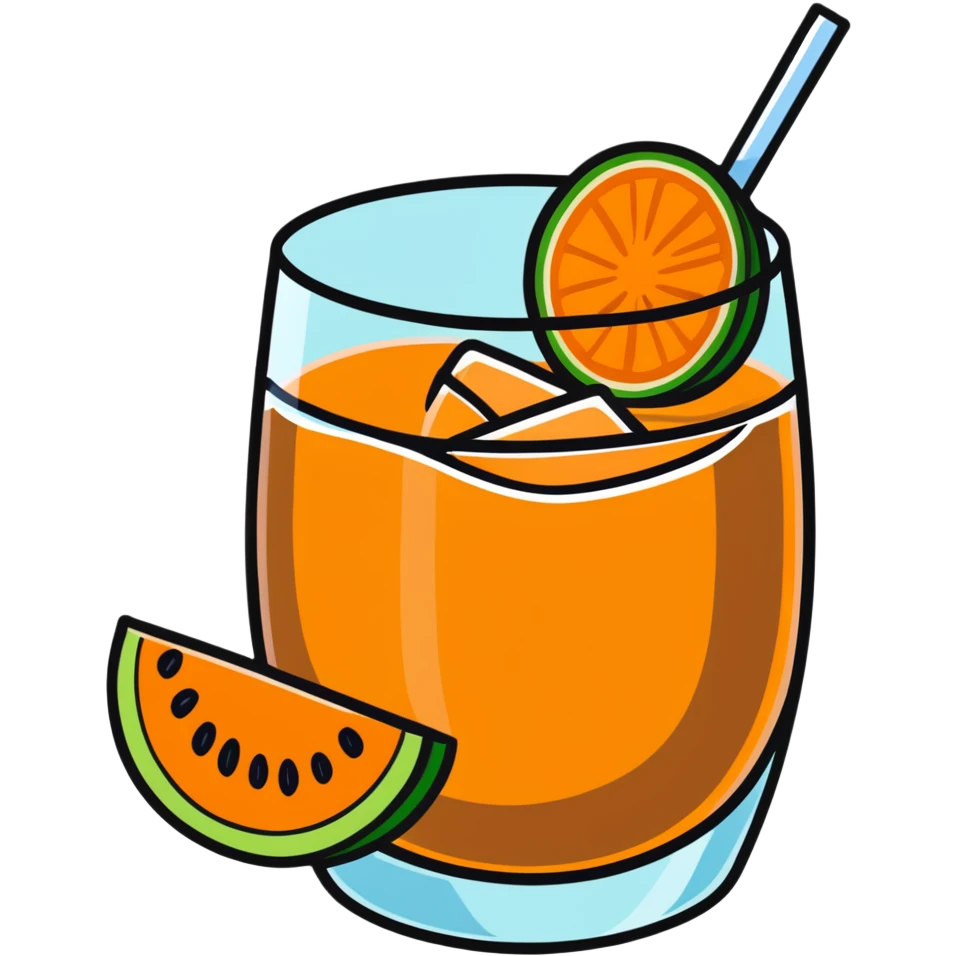 Spanish melón carajillo in a glass with ice, coffee, liquor, and fresh melon pieces emoji