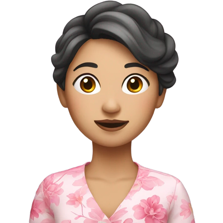 asian woman wearing floral dress holding a pink balloon emoji