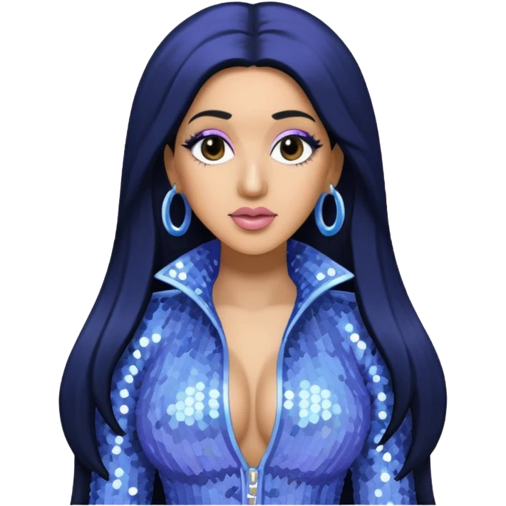 Cardi B with long black hair, light periwinkle sequin outfit emoji