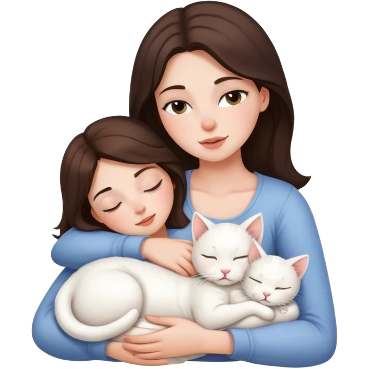 White kitty sleeping on brunette white girl's lap emoji