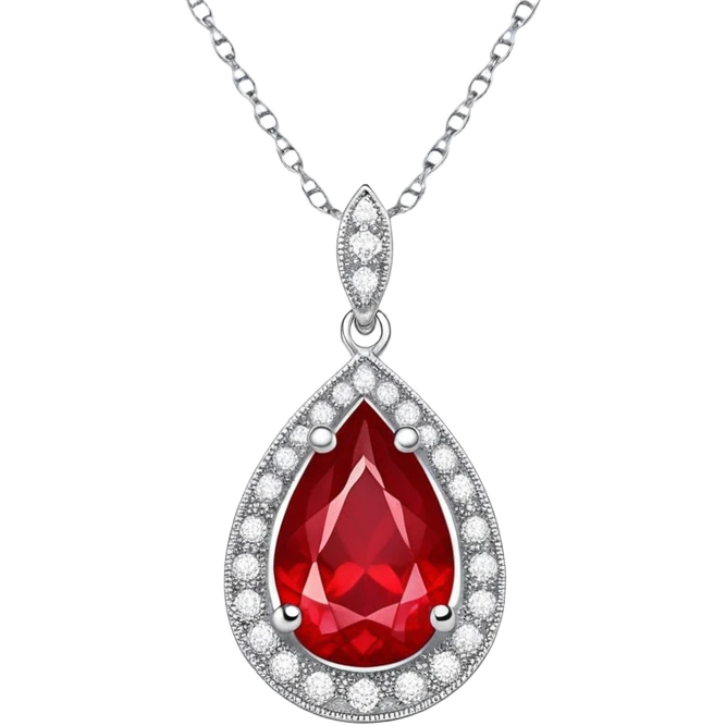 teardrop ruby pendant glowing fiery red, set in a delicate silver chain with a halo of shimmering white stones emoji