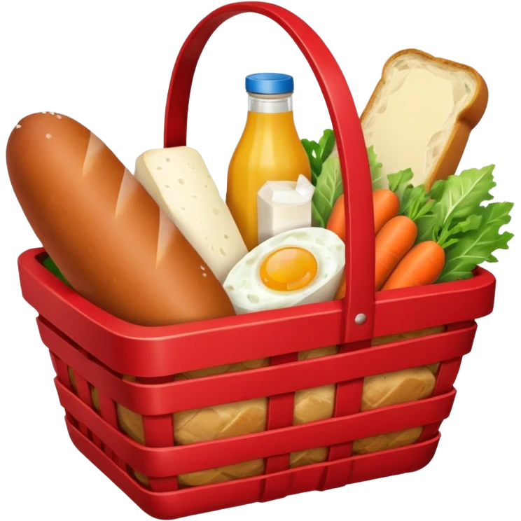 red basket with groceries: milk, bread, sausage, eggs, potatoes, carrots, onions, cabbage emoji