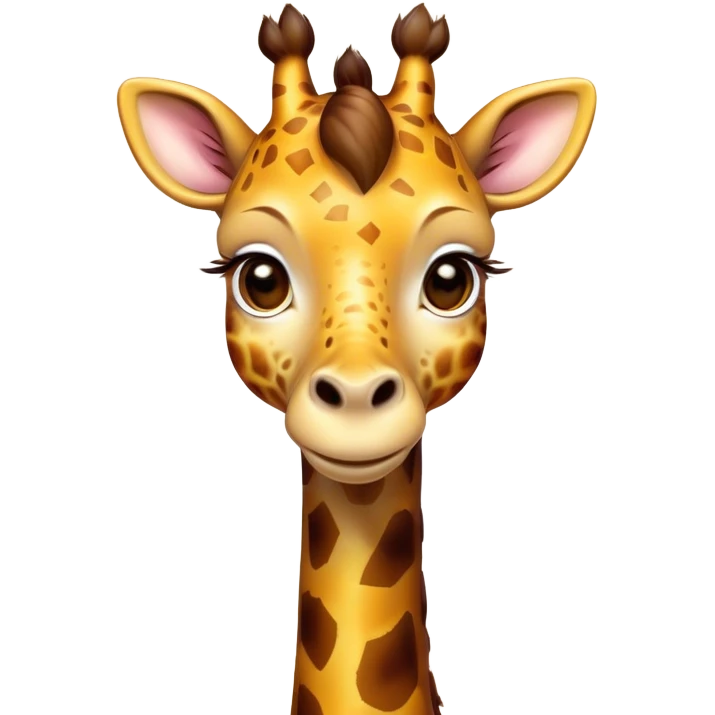 Cinematic Cute Giraffe Portrait Emoji, Head tilted playfully and inquisitively, featuring a glossy, patterned Fur of warm yellows and browns with delicate white spots, round, sparkling eyes filled with curious wonder, Simplified yet irresistibly adorable features, highly detailed, glowing with a warm, friendly glow, high shine, affectionate and gentle, stylized with a touch of savannah whimsy, bright and endearing, soft glowing outline, capturing the essence of a mischievous yet loving giraffe, so playful it feels like it could gallop out of the screen and into your arms! emoji