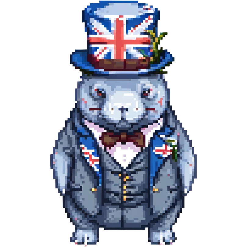 British manatee with bowler hat and monocle, Union Jack flag, pixel art style emoji