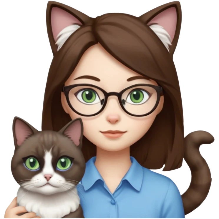 O data cu parul saten ,ochii griji-albastrii ,ochelari și codițe de pisica ..și langa o pisicuță alba pufoasa ,cu ochii verzi și o a doua pisica siameza pufoasa cu capul maro -negru și coada ,restul corpului un maro deschis spre alb  , ochii albaștrii emoji
