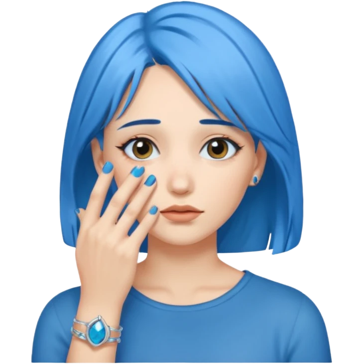 Woman with hand over face with blue hair emoji